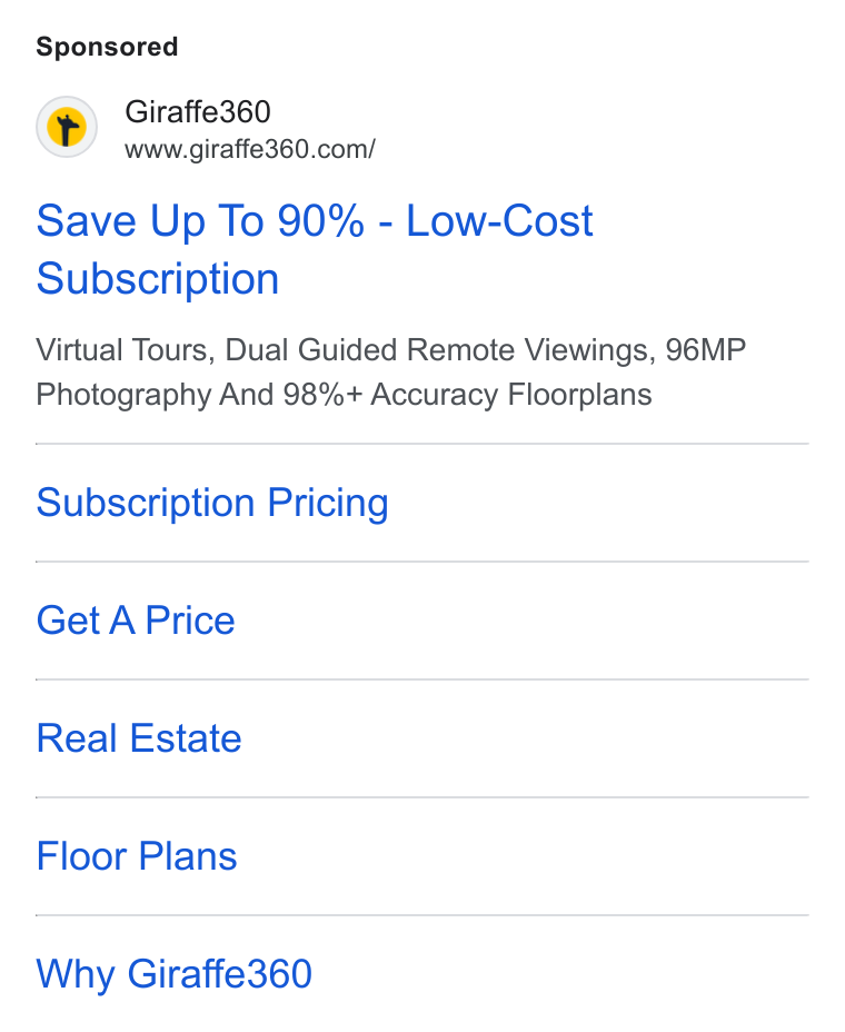 Giraffe360 ad on Google Ads: Save Up To 90% - Low-Cost Subscription Virtual Tours, Dual Guided Remote Viewings, 96MP Photography And 98%+ Accuracy Floorplans Subscription Pricing Get A Price Real Estate Floor Plans Why Giraffe360