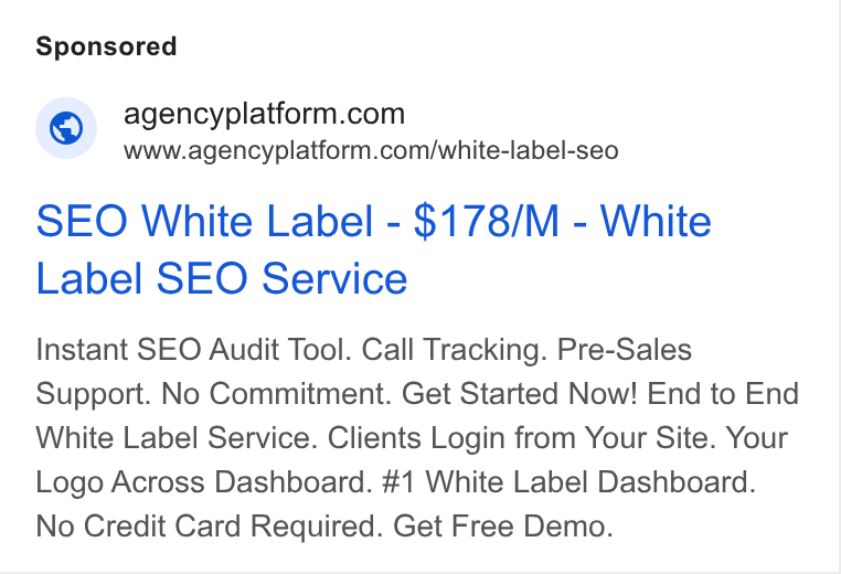 Agency Platform ad on Google Ads: www.agencyplatform.com/white-label-seo SEO White Label - $178/M - White Label SEO Service Instant SEO Audit Tool. Call Tracking. Pre-Sales Support. No Commitment. Get Started Now! End to End White Label Service. Clients Login from Your Site. Your Logo Across Dashboard. #1 White Label Dashboard. No Credit Card Required. Get Free Demo.