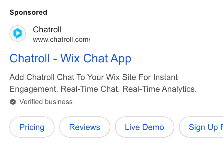 Chatroll ad on Google Ads: Chatroll - Wix Chat App Add Chatroll Chat To Your Wix Site For Instant Engagement. Real-Time Chat. Real-Time Analytics. Verified business