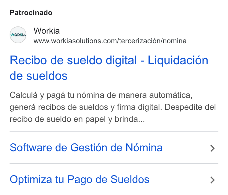 Workia ad on Google Ads: Patrocinado Recibo de sueldo digital - Liquidacién de sueldos Calcula y paga tu némina de manera automatica, genera recibos de sueldos y firma digital. Despedite del recibo de sueldo en papel y brinda... Software de Gesti6n de Nomina > Optimiza tu Pago de Sueldos >