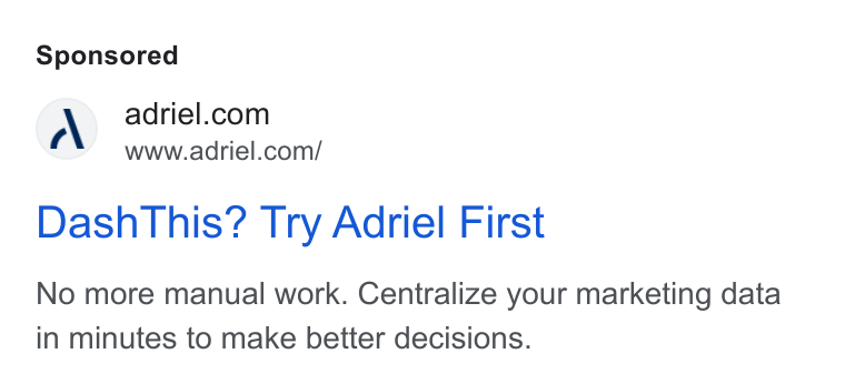 Adriel ad on Google Ads: A www.adriel.com/ Dash This? Try Adriel First No more manual work. Centralize your marketing data in minutes to make better decisions.
