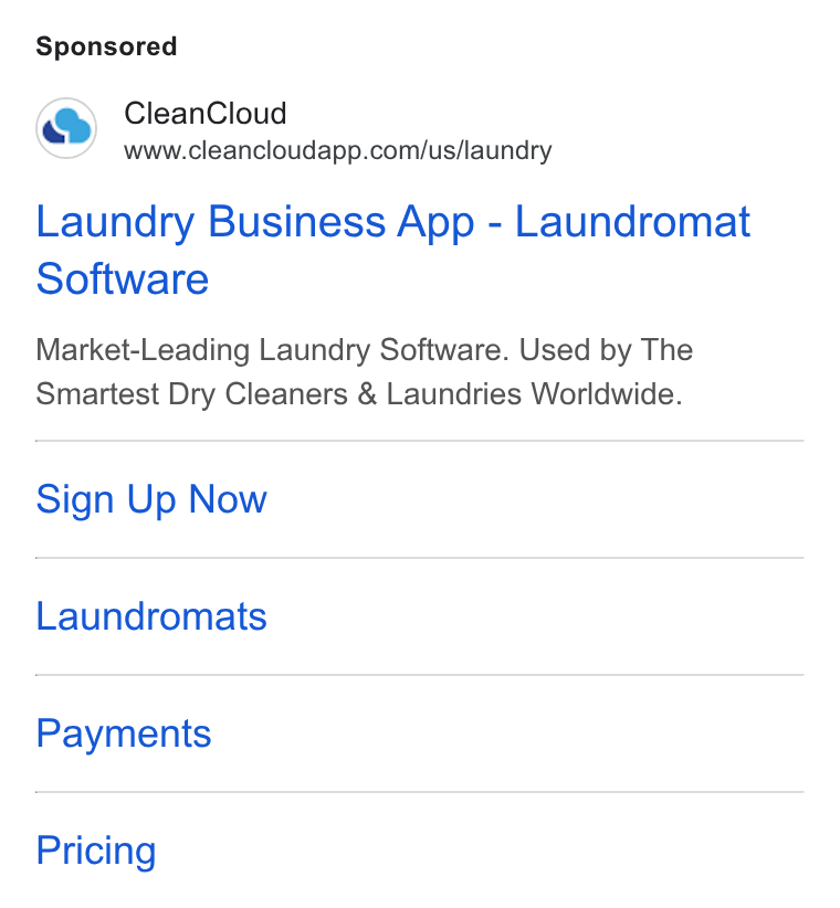 CleanCloud ad on Google Ads: Laundry Business App - Laundromat Software Market-Leading Laundry Software. Used by The Smartest Dry Cleaners & Laundries Worldwide. Sign Up Now Laundromats Payments Pricing