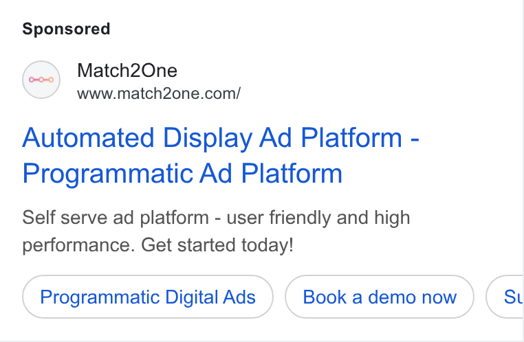 Match2one ad on Google Ads: Automated Display Ad Platform - Programmatic Ad Platform Self serve ad platform - user friendly and high performance. Get started today! Programmatic Digital Ads St