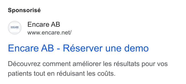 Encare ad on Google Ads: Sponsorisé Encare AB - Reserver une demo Découvrez comment ameliorer les resultats pour vos patients tout en réduisant les coits.