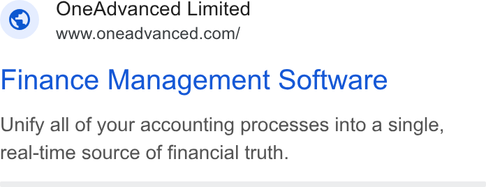 OneAdvanced ad on Google Ads: ~ QOne Advanced Limited Finance Management Software Unify all of your accounting processes into a single, real-time source of financial truth.