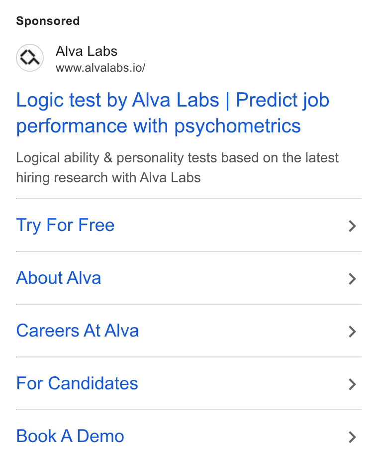 Alva Labs ad on Google Ads: lp Alva Lab vwyucalvalabs iol Logic test by Alva Labs | Predict job performance with psychometrics Logical ability & personality tests based on the latest hiring research with Alva Labs Try For Free About Alva Careers At Alva For Candidates Book A Demo