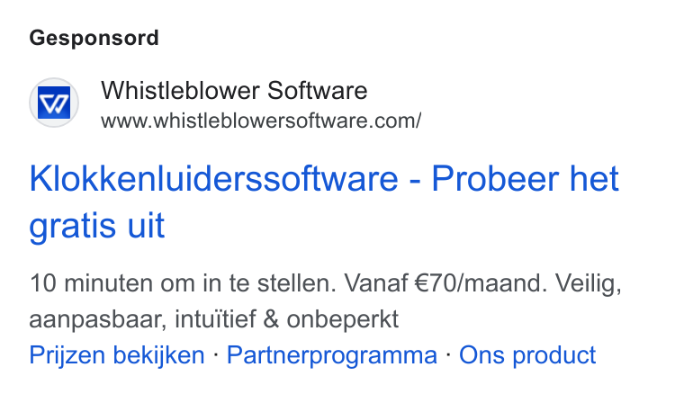Formalize ad on Google Ads: Gesponsord Klokkenluiderssoftware - Probeer het gratis uit 10 minuten om in te stellen. Vanaf €70/maand. Veilig, aanpasbaar, intuitief & onbeperkt Prijzen bekijken - Partnerprogramma - Ons product