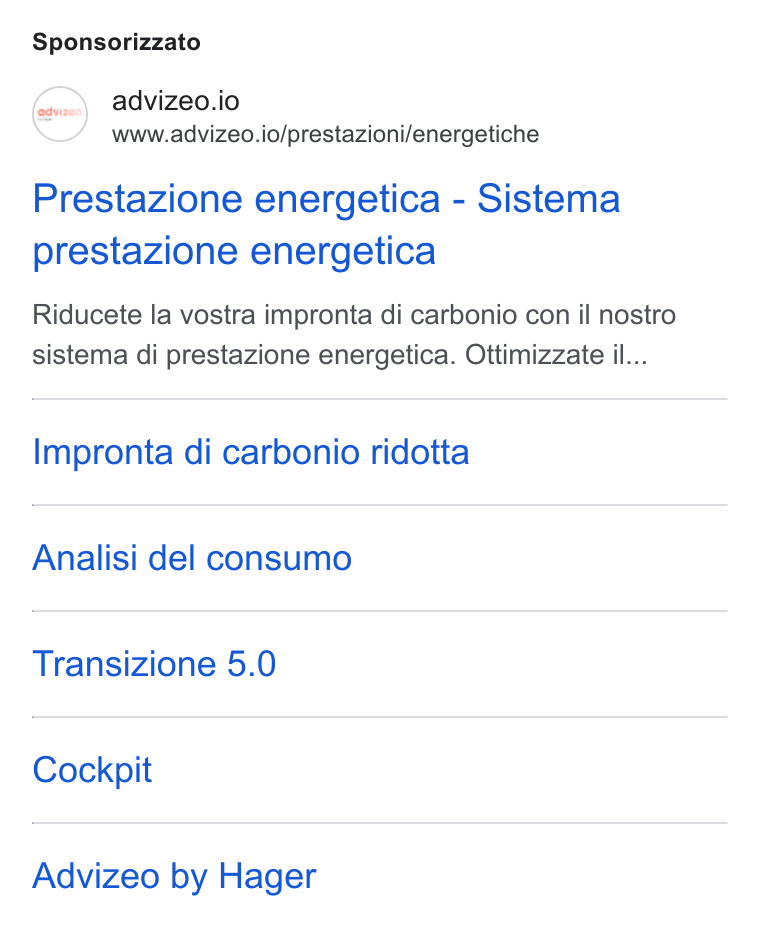 advizeo ad on Google Ads: Sponsorizzato advizeo.io www.advizeo.io/prestazioni/energetiche Prestazione energetica - Sistema prestazione energetica Riducete la vostra impronta di carbonio con il nostro sistema di prestazione energetica. Ottimizzate il... Impronta di carbonio ridotta Analisi del consumo Transizione 5.0 Cockpit Advizeo by Hager