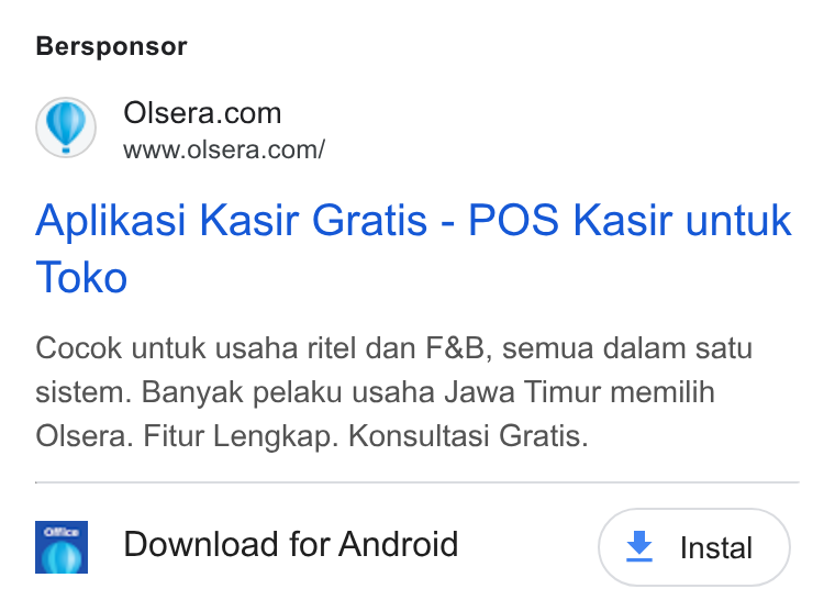 Olsera ad on Google Ads: www.olsera.com/ Aplikasi Kasir Gratis - POS Kasir untuk Toko Cocok untuk usaha ritel dan F& B, semua dalam satu sistem. Banyak pelaku usaha Jawa Timur memilih Olsera. Fitur Lengkap. Konsultasi Gratis. Download for Android + instal