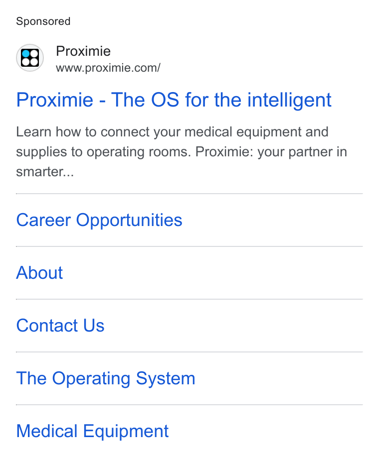 Proximie ad on Google Ads: Proximie - The OS for the intelligent Learn how to connect your medical equipment and supplies to operating rooms. Proximie: your partner in smarter... Career Opportunities About Contact Us The Operating System Medical Equipment