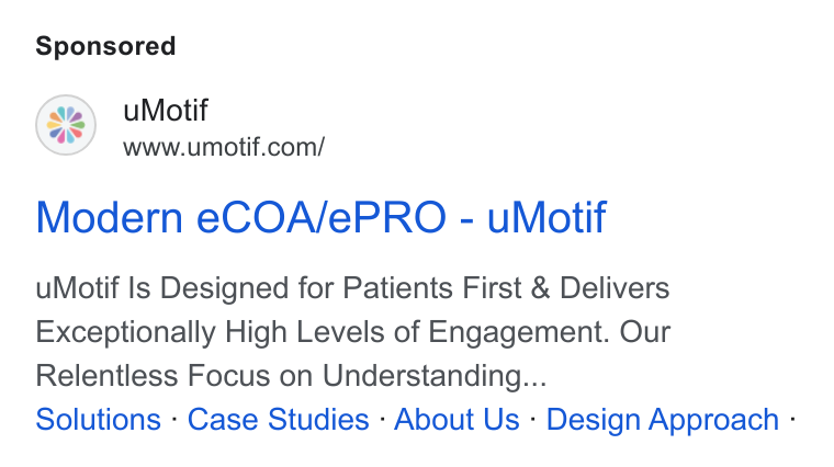 uMotif ad on Google Ads: Modern e COA/e PRO - u Motif u Motif Is Designed for Patients First & Delivers Exceptionally High Levels of Engagement. Our Relentless Focus on Understanding... Solutions - Case Studies - About Us - Design Approach -: