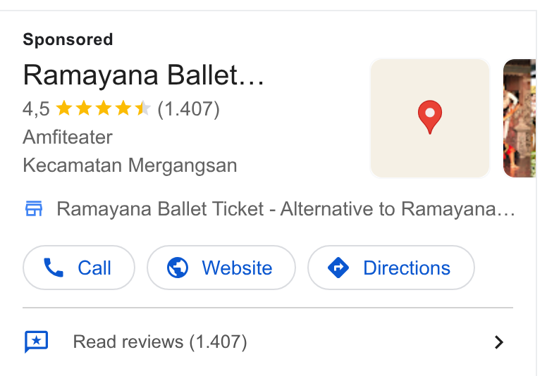 GlobalTix ad on Google Ads: Ramayana Ballet... 4,5 & kkk (1.407) Amfiteater Kecamatan Mergangsan Fi Ramayana Ballet Ticket - Alternative to Ramayana... Read reviews (1.407) >