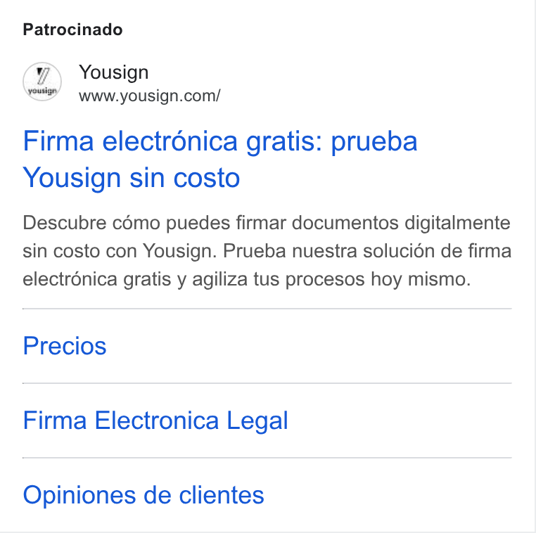 Yousign ad on Google Ads: Patrocinado Firma electronica gratis: prueba Yousign sin costo Descubre cémo puedes firmar documentos digitalmente sin costo con Yousign. Prueba nuestra solucién de firma electronica gratis y agiliza tus procesos hoy mismo. Precios Firma Electronica Legal Opiniones de clientes