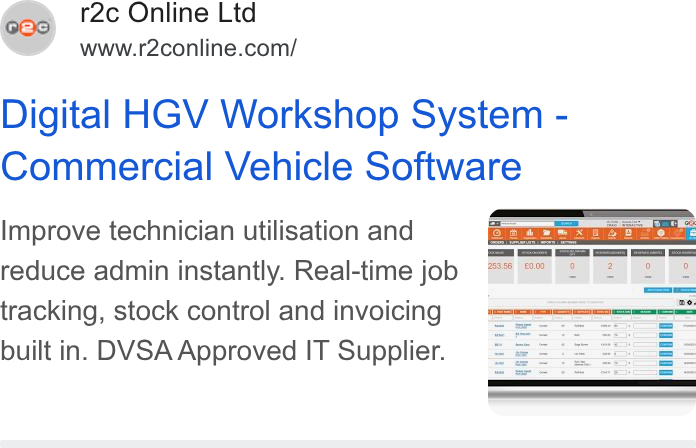 r2c Online ad on Google Ads: Digital HGV Workshop System - Commercial Vehicle Software Improve technician utilisation and reduce admin instantly. Real-time job tracking, stock control and invoicing built in. DVSA Approved IT Supplier.
