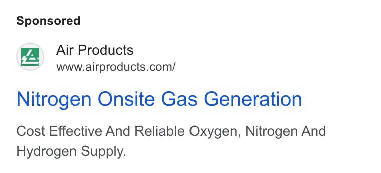 Air Products & Chemicals ad on Google Ads: Nitrogen Onsite Gas Generation Cost Effective And Reliable Oxygen, Nitrogen And Hydrogen Supply.