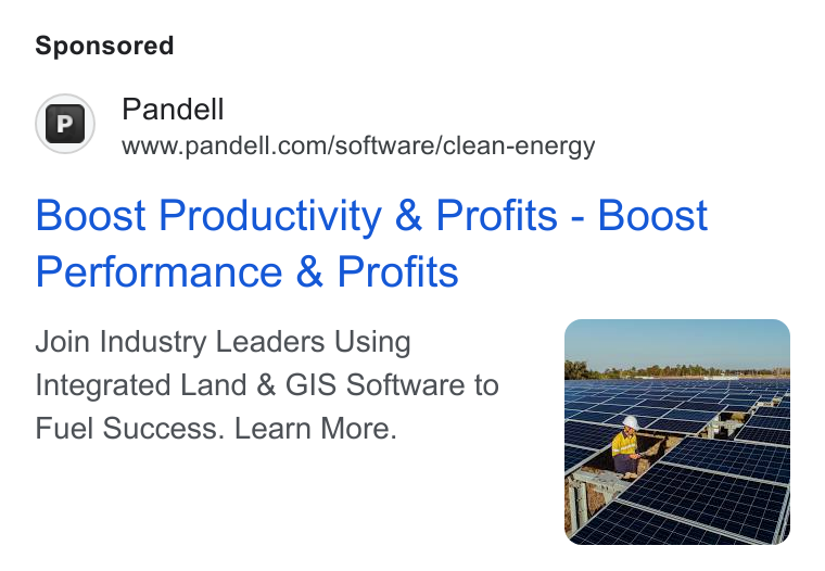 Pandell ad on Google Ads: Boost Productivity & Profits - Boost Performance & Profits Join Industry Leaders Using Integrated Land & GIS Software to Fuel Success. Learn More.