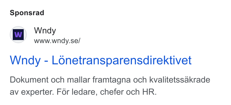 Wndy ad on Google Ads: Sponsrad Wnhdy - Lonetransparensdirektivet Dokument och mallar framtagna och kvalitetssakrade av experter. For ledare, chefer och HR.
