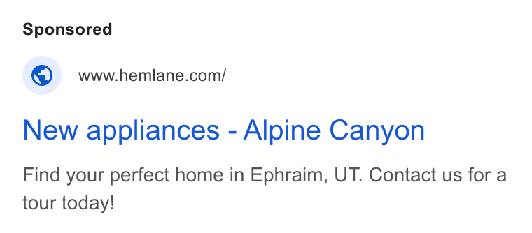 Hemlane ad on Google Ads: New appliances - Alpine Canyon Find your perfect home in Ephraim, UT. Contact us for a tour today!