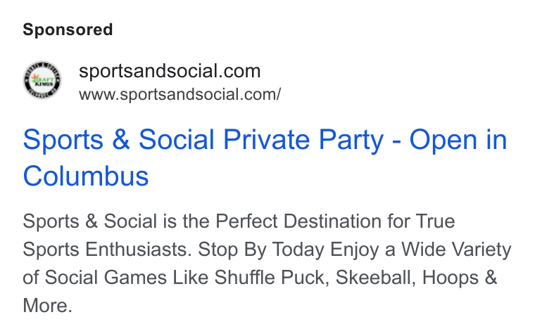 Tripleseat ad on Google Ads: Sports & Social Private Party - Open in www.sportsandsocial.com/ Sports & Social is the Perfect Destination for True Sports Enthusiasts. Stop By Today Enjoy a Wide Variety of Social Games Like Shuffle Puck, Skeeball, Hoops & More.