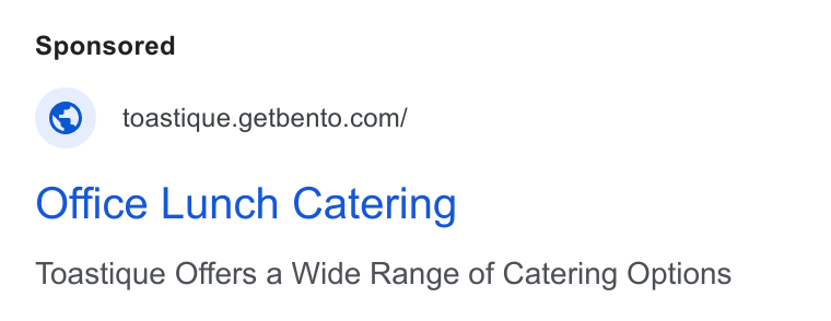BentoBox ad on Google Ads: Office Lunch Catering Toastique Offers a Wide Range of Catering Options
