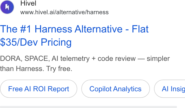 Hivel ad on Google Ads: Hivel www.hivel.ai/alternative/harness The #1 Harness Alternative - Flat $35/Dev Pricing DORA, SPACE, Al telemetry + code review — simpler than Harness. Try free. Free Al ROI Report Copilot Analytics } ( Al Insig