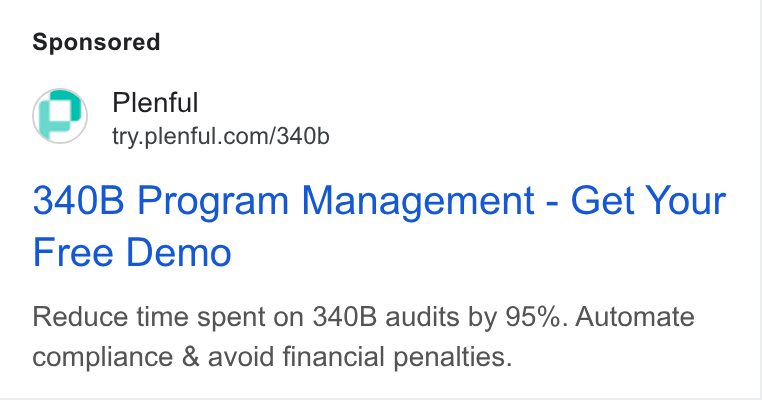 Plenful ad on Google Ads: 340B Program Management - Get Your Free Demo Reduce time spent on 340B audits by 95%. Automate compliance & avoid financial penalties.