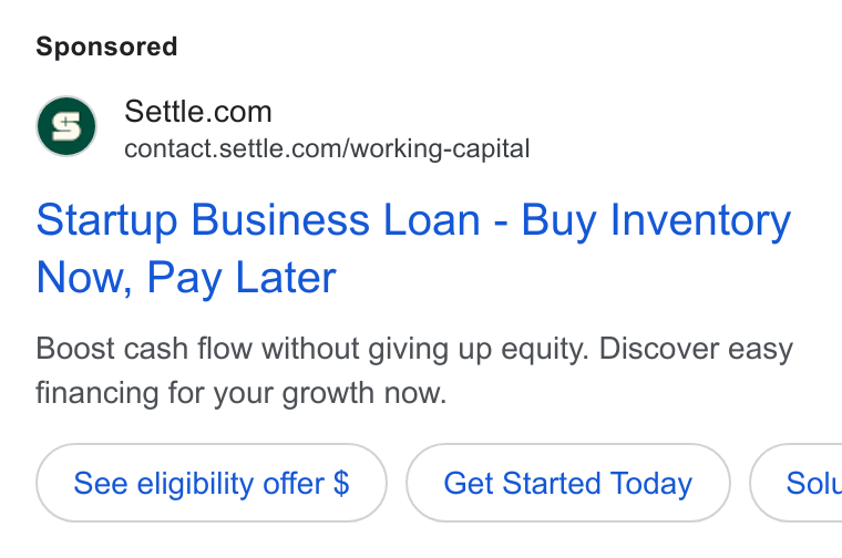 Settle ad on Google Ads: contact.settle.com/working-capital Startup Business Loan - Buy Inventory Now, Pay Later Boost cash flow without giving up equity. Discover easy financing for your growth now. See eligibility offer $ Get Started Today }( Solt
