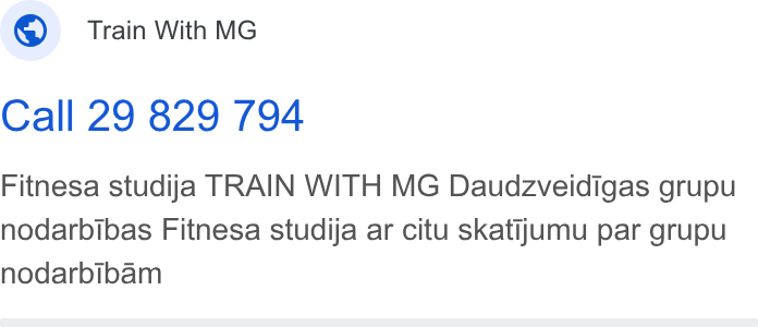 Ghost ad on Google Ads: Train With MG Call 29 829 794 Fitnesa studija TRAIN WITH MG Daudzveidigas grupu nodarbibas Fitnesa studija ar citu skatijumu par grupu nodarbibam