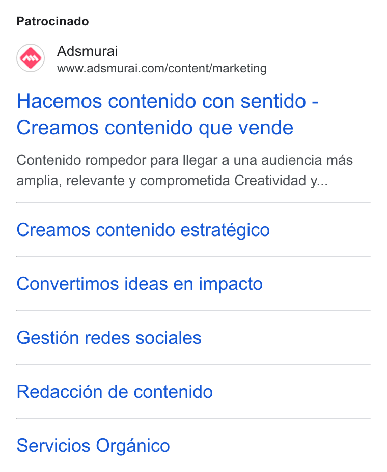 Adsmurai ad on Google Ads: Patrocinado Hacemos contenido con sentido - Creamos contenido que vende Contenido rompedor para llegar a una audiencia mas amplia, relevante y comprometida Creatividad y... Creamos contenido estratégico Convertimos ideas en impacto Gestién redes sociales Redaccién de contenido Servicios Organico