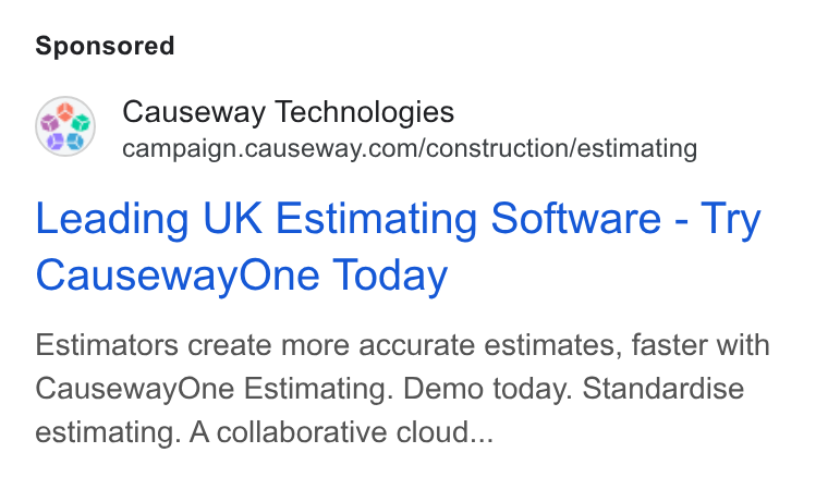 Causeway Technologies ad on Google Ads: Leading UK Estimating Software - Try Causeway One Today Estimators create more accurate estimates, faster with Causeway One Estimating. Demo today. Standardise estimating. A collaborative cloud...