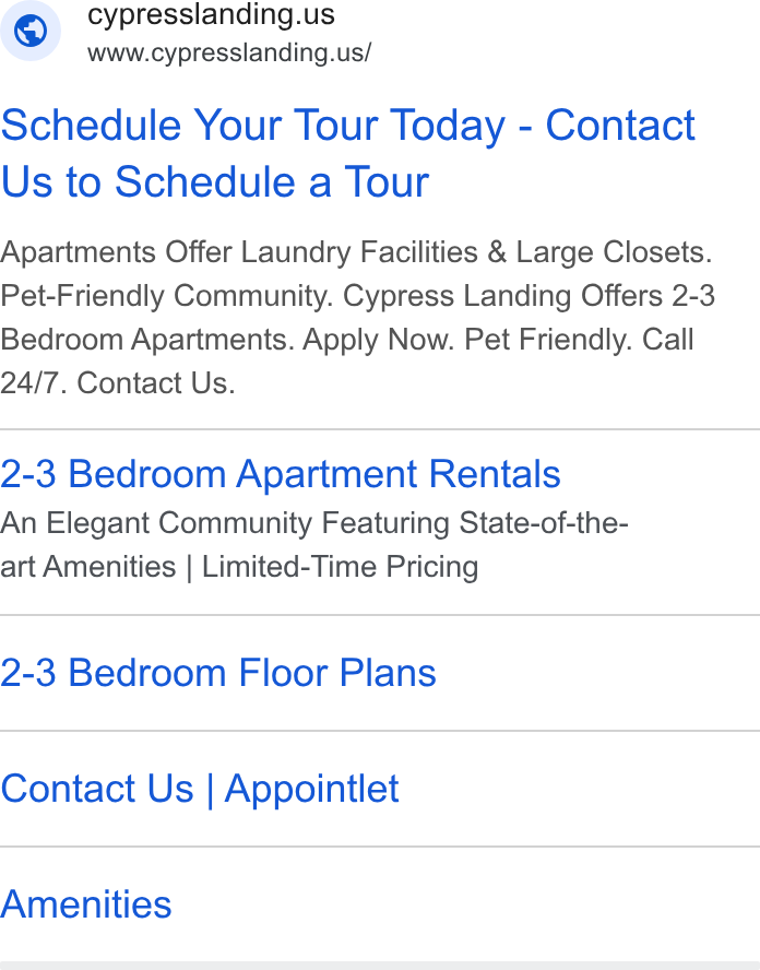 Appointlet ad on Google Ads: www.cypresslanding.us/ Schedule Your Tour Today - Contact Us to Schedule a Tour Apartments Offer Laundry Facilities & Large Closets. Pet-Friendly Community. Cypress Landing Offers 2-3 Bedroom Apartments. Apply Now. Pet Friendly. Call 24/7. Contact Us. 2-3 Bedroom Apartment Rentals An Elegant Community Featuring State-of-the- art Amenities | Limited-Time Pricing 2-3 Bedroom Floor Plans Contact Us | Appointlet Amenities