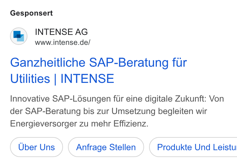 epilot ad on Google Ads: Gesponsert Ganzheitliche SAP-Beratung fur Utilities | INTENSE Innovative SAP-Lésungen fur eine digitale Zukunft: Von der SAP-Beratung bis zur Umsetzung begleiten wir Energieversorger zu mehr Effizienz. Anfrage Stellen ) ( Produkte Und Leistu