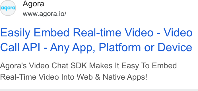 Agora ad on Google Ads: eqord Agora www.agora.io/ Easily Embed Real-time Video - Video Call API - Any App, Platform or Device Agora's Video Chat SDK Makes It Easy To Embed Real-Time Video Into Web & Native Apps!