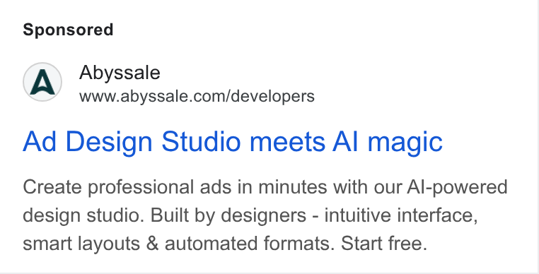Abyssale ad on Google Ads: Ad Design Studio meets Al magic Create professional ads in minutes with our Al-powered design studio. Built by designers - intuitive interface, smart layouts & automated formats. Start free.