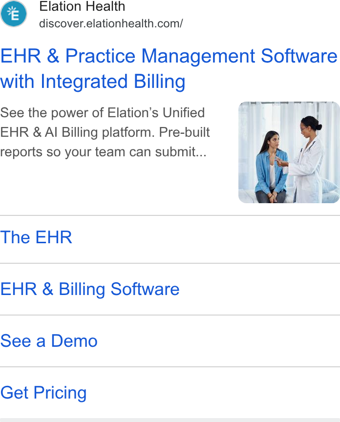Elation Health ad on Google Ads: EHR & Practice Management Software with Integrated Billing See the power of Elation’s Unified EHR & Al Billing platform. Pre-built reports so your team can submit... The EHR EHR & Billing Software See a Demo Get Pricing