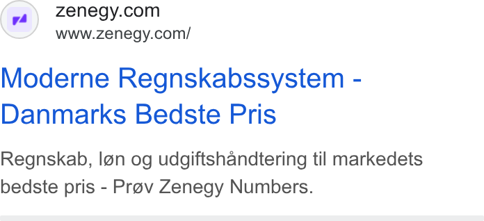 Zenegy ad on Google Ads: www.zenegy.com/ Moderne Regnskabssystem - Danmarks Bedste Pris Regnskab, I@n og udgiftshandtering til markedets bedste pris - Prav Zenegy Numbers.