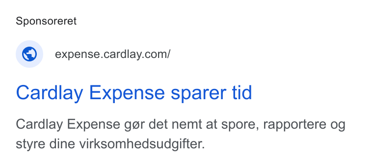 Cardlay ad on Google Ads: Cardlay Expense sparer tid Cardlay Expense ger det nemt at spore, rapportere og styre dine virksomhedsudgifter.