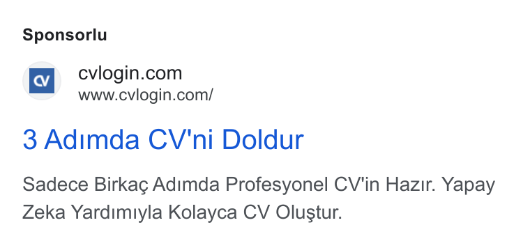 cvlogin ad on Google Ads: www.cviogin.com/ 3 Adimda CV'ni Doldur Sadece Birkag Adimda Profesyonel CV'in Hazir. Yapay Zeka Yardimiyla Kolayca CV Olustur.