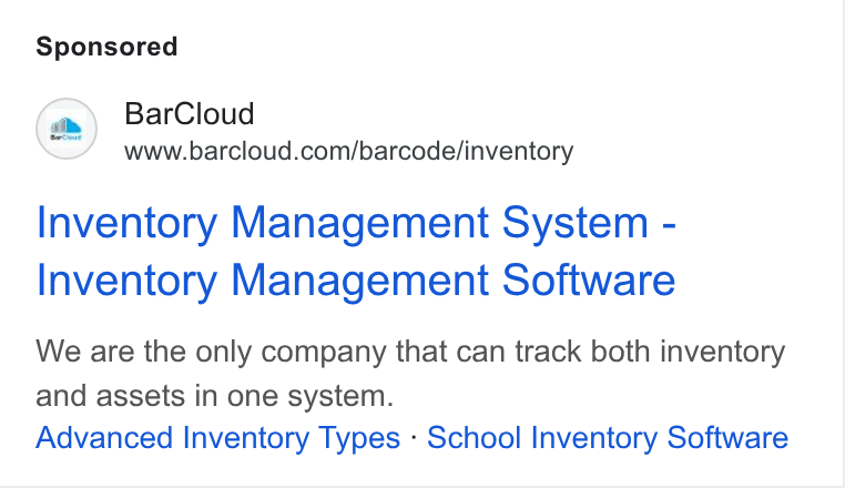 BarCloud ad on Google Ads: Inventory Management System - Inventory Management Software We are the only company that can track both inventory and assets in one system. Advanced Inventory Types - School Inventory Software