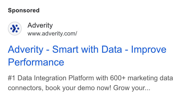 Adverity ad on Google Ads: Adverity - Smart with Data - Improve Performance #1 Data Integration Platform with 600+ marketing data connectors, book your demo now! Grow your...