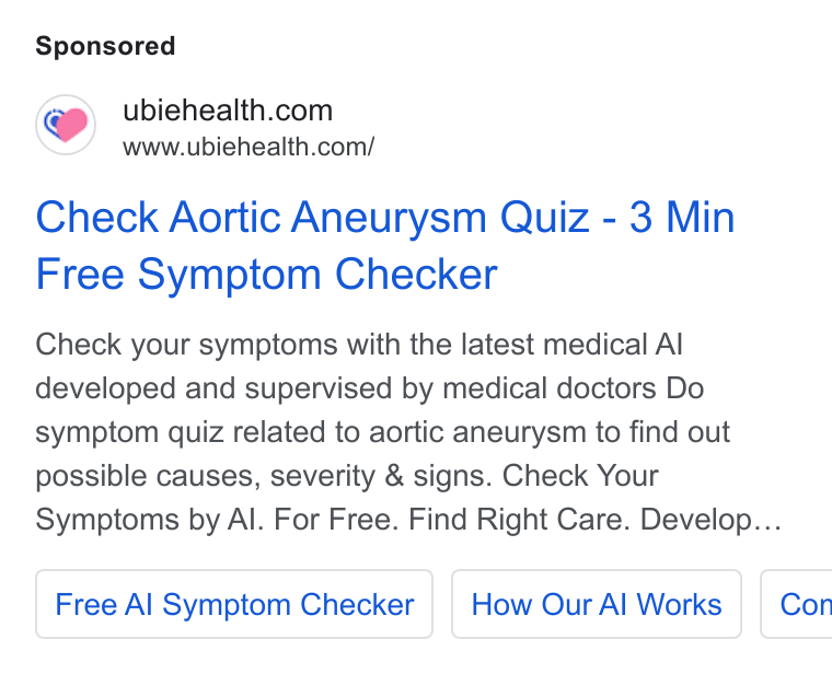 Ubie ad on Google Ads: www.ubiehealth.com/ Check Aortic Aneurysm Quiz - 3 Min Free Symptom Checker Check your symptoms with the latest medical Al developed and supervised by medical doctors Do symptom quiz related to aortic aneurysm to find out possible causes, severity & signs. Check Your Symptoms by Al. For Free. Find Right Care. Develop... Free Al Symptom Checker | | How Our Al Works Con