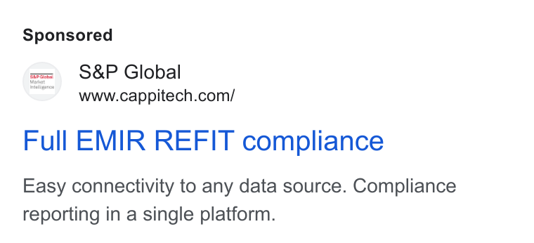 Cappitech ad on Google Ads: Full EMIR REFIT compliance Easy connectivity to any data source. Compliance reporting in a single platform.