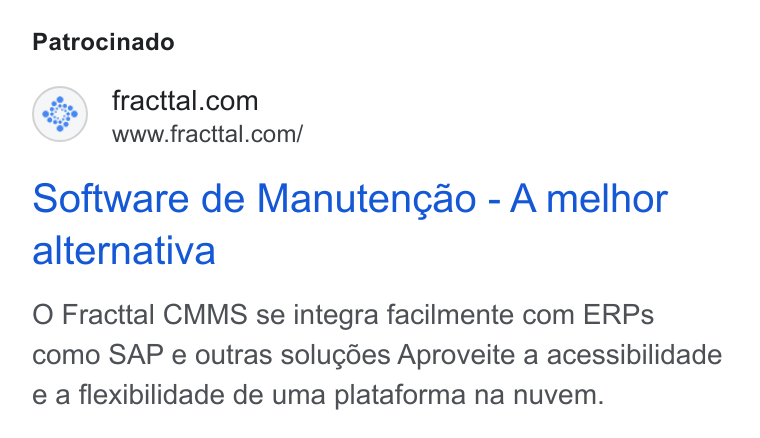 Fracttal ad on Google Ads: www.fracttal.com/ software de Manutengao - A melhor alternativa O Fracttal CMMS se integra facilmente com ERPs como SAP e outras solugdes Aproveite a acessibilidade e a flexibilidade de uma plataforma na nuvem.