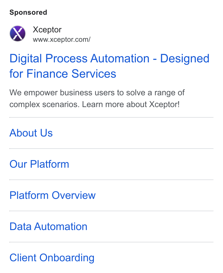Xceptor ad on Google Ads: Digital Process Automation - Designed for Finance Services We empower business users to solve a range of complex scenarios. Learn more about Xceptor! About Us Our Platform Platform Overview Data Automation Client Onboarding