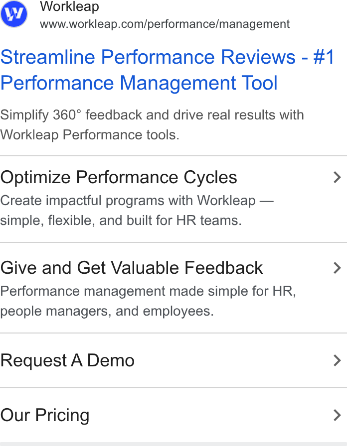 Workleap ad on Google Ads: Streamline Performance Reviews - #1 Performance Management Tool Simplify 360° feedback and drive real results with Workleap Performance tools. Optimize Performance Cycles Create impactful programs with Workleap — simple, flexible, and built for HR teams. Give and Get Valuable Feedback Performance management made simple for HR, people managers, and employees. Request A Demo Our Pricing