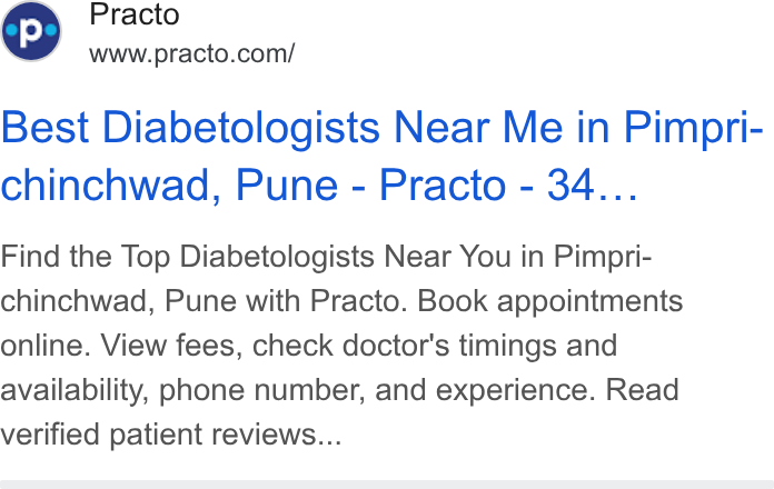 Practo ad on Google Ads: Best Diabetologists Near Me in Pimpri- chinchwad, Pune - Practo - 34... Find the Top Diabetologists Near You in Pimpri- chinchwad, Pune with Practo. Book appointments online. View fees, check doctor's timings and availability, phone number, and experience. Read verified patient reviews...