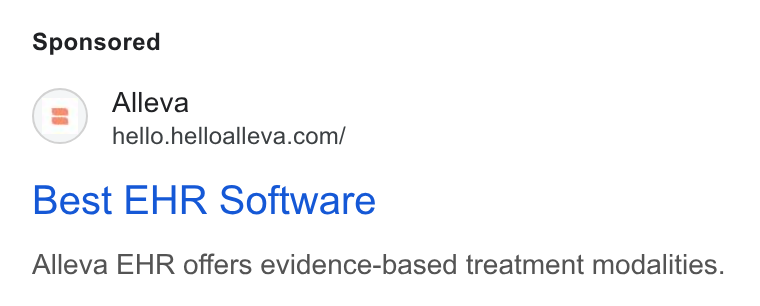 Alleva ad on Google Ads: Best EHR Software Alleva EHR offers evidence-based treatment modalities.
