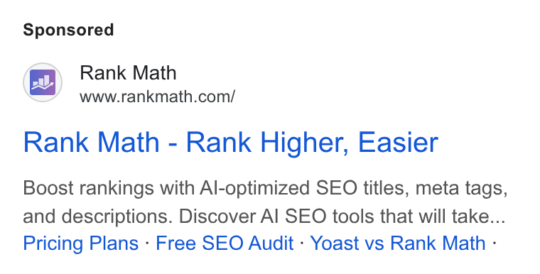 Rank Math ad on Google Ads: Rank Math - Rank Higher, Easier Boost rankings with Al-optimized SEO titles, meta tags, and descriptions. Discover Al SEO tools that will take... Pricing Plans - Free SEO Audit - Yoast vs Rank Math -