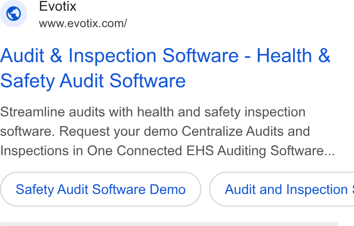 Evotix ad on Google Ads: Audit & Inspection Software - Health & Safety Audit Software Streamline audits with health and safety inspection software. Request your demo Centralize Audits and Inspections in One Connected EHS Auditing Software... Safety Audit Software Demo } ( Audit and Inspection :
