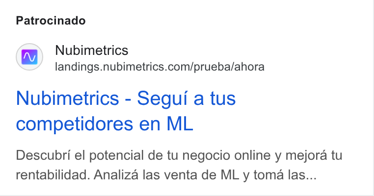 Nubimetrics ad on Google Ads: Patrocinado Nubimetrics - Segui a tus competidores en ML Descubri el potencial de tu negocio online y mejora tu rentabilidad. Analiza las venta de ML y toma las...